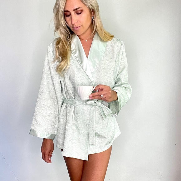 Oscar de la Renta Other - Vintage Oscar De La Renta Seafoam Mint Paisley Textured Robe Kimono sz L